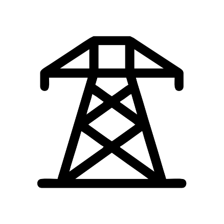 Black outline icon of a large electrical transmission tower, symbolizing electricity, power, or energy infrastructure.
