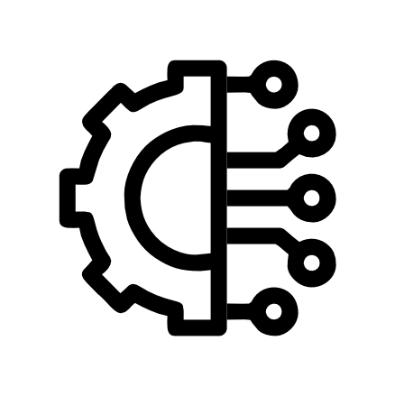 Black outline icon combining a gear and circuit board elements, representing technology, engineering, or intelligent systems.