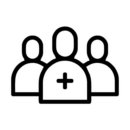 Black outline icon of three generic person silhouettes with a plus sign, representing a group, team, or adding members.