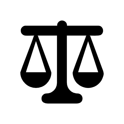 Black outline icon of a classic judicial balance scale, symbolizing justice, law, or fairness.