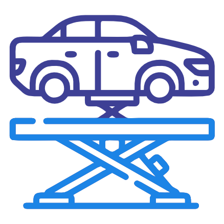 Icon of a car elevated on a hydraulic lift, as typically seen in an auto repair or service garage.