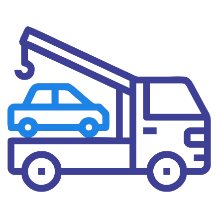 Icon of a tow truck with its hook raised, actively towing a disabled passenger car.