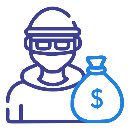 An icon of a person in a mask carrying a bag of money next to a dollar sign, representing theft or crime.