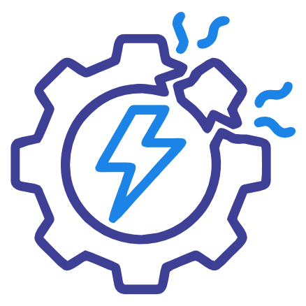 An icon of a gear with a lightning bolt, representing power, energy, or electrical issues.