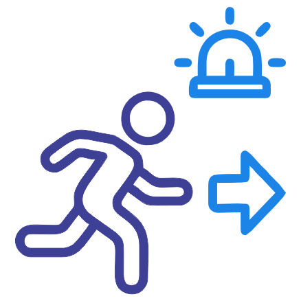 An icon depicting a person running away from an alarm siren, representing escape or emergency response.