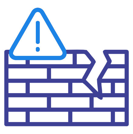 An icon depicting a broken brick wall with a caution sign, representing structural damage or risk.