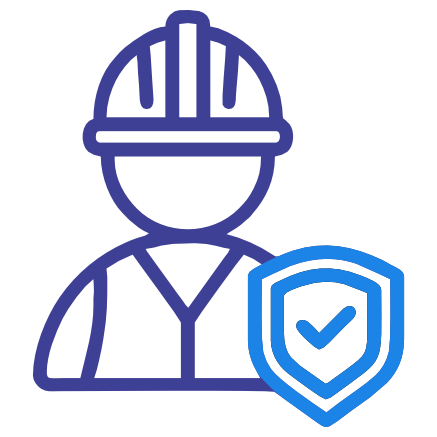 An icon of a shield with a hard-hat wearing worker and a checkmark, representing worker safety or industrial insurance.