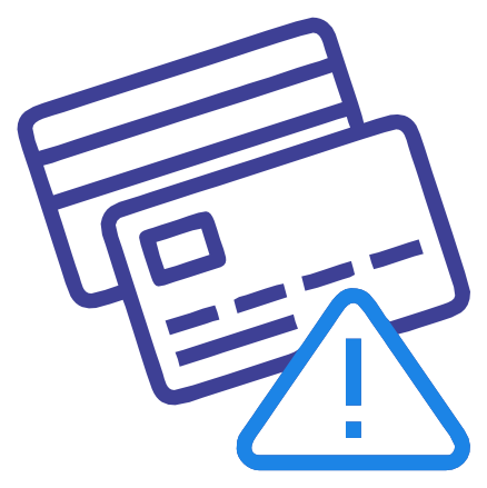 Icon of a credit card with a warning triangle and exclamation mark, symbolizing financial risk or credit issues.
