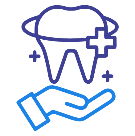 Icon of a molar tooth with a heart inside and a protective hand underneath, symbolizing dental care or health.