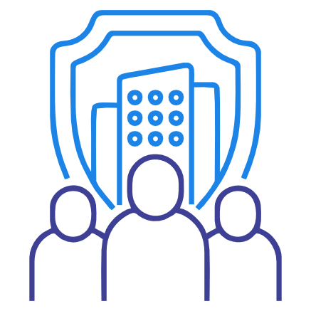 Group insurance icon features three people in a row standing infront of a commercial building
