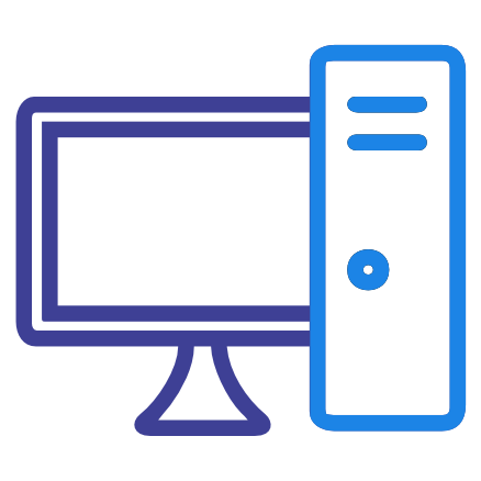 An icon of a desktop computer setup with a monitor and CPU.