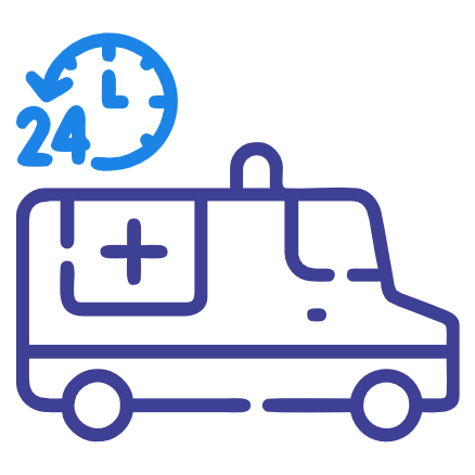 Icon depicting an ambulance with a cross, driving towards a patient in a hospital bed, with a shield and checkmark symbolizing medical transport and care.