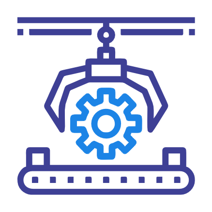 An icon of an automated production line with a gear, representing manufacturing or efficiency.