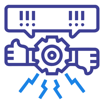 Icon of a gear with three exclamation marks, connected by lines to a wrench and a smaller gear, symbolizing a mechanical issue or alert.