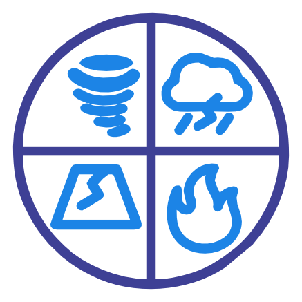 An icon showing a circle divided into four sections with symbols for fire, flood, and hurricane, representing natural disasters.