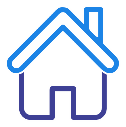 Blue outline icon of a house with a pitched roof, symbolizing home or property.