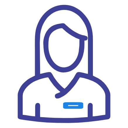 Blue outline icon of a female figure in a uniform with a nametag, representing a professional or service worker.