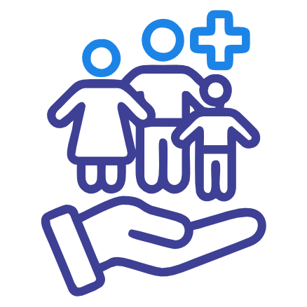 An icon showing a family protected by a hand with a medical cross, representing family health or life insurance.