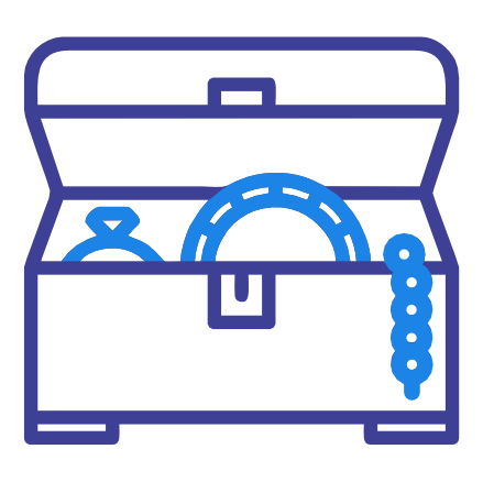 An icon of an open treasure chest with money and jewelry, representing valuables or savings.