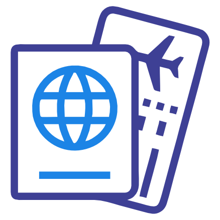 Blue outline icon of a passport and a boarding pass with a globe symbol, representing international travel documents.