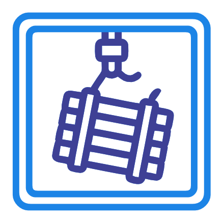 An icon of a suspended load on a crane hook, representing heavy lifting or construction.