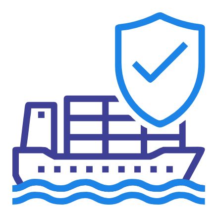 An icon of a shield protecting a shipping container on a ship, representing cargo insurance or maritime security.