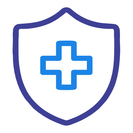 أيقونة زرقاء مخططة لدرع يحتوي على صليب طبي، مما يدل على الصحة أو الحماية الطبية.