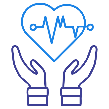 Icon of two hands gently holding a heart with an electrocardiogram (ECG) line above it, symbolizing heart health or care.