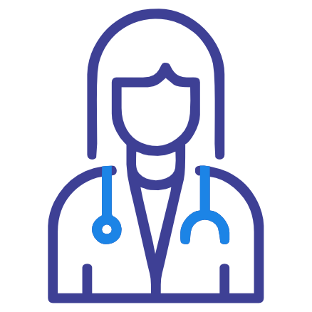 Icon of a female doctor in a lab coat with a stethoscope, representing medical profession or consultation.