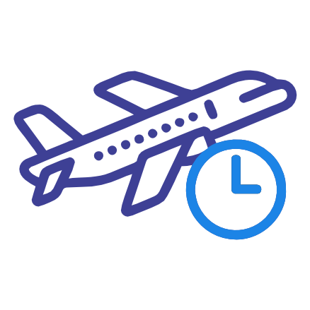 Blue outline icon of an airplane with a clock, symbolizing flight schedules, punctuality, or travel time.