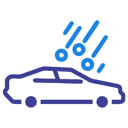 Icon of a car being impacted by multiple falling objects, representing damage from hail or falling debris.