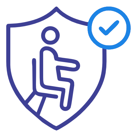 An icon depicting a shield with a person seated and a checkmark, representing protected individuals or secure seating.