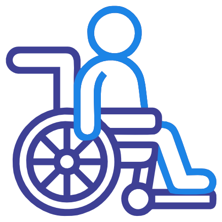 Blue outline icon of a person sitting in a wheelchair, symbolizing accessibility or disability support.