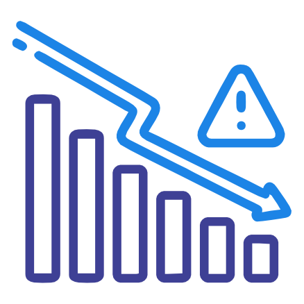 Icon illustrating a negative financial or business trend with a downward-sloping bar graph, line graph, and a warning triangle with a downward arrow.