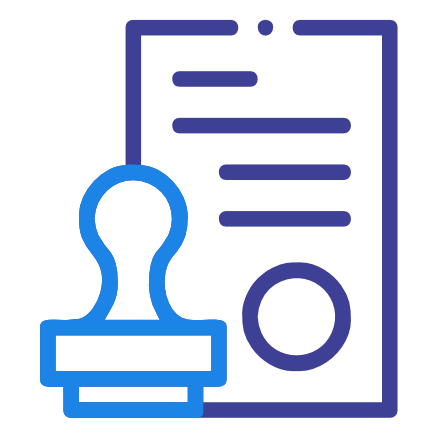 Icon of an official document with text, a prominent red stamp, and a hand holding a stamper, indicating approval or certification.