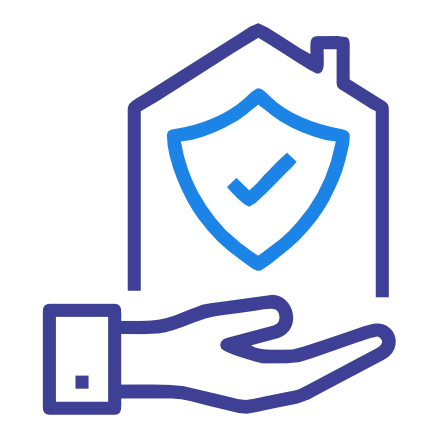 An icon of a hand holding a house with a shield and checkmark, representing home insurance or property protection.
