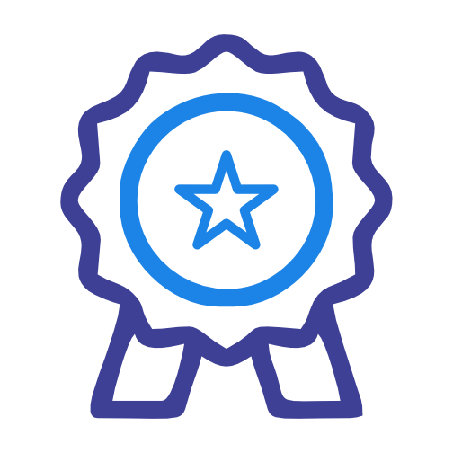 Blue outline icon of a round rosette or medal with a star in the center, symbolizing quality, achievement, or a badge.