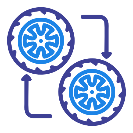 Icon depicting a car wheel being unscrewed or removed, with a second wheel visible, symbolizing tire service or replacement.