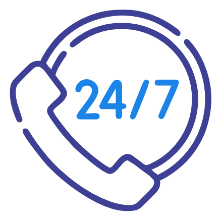 An icon with a phone receiver and "24/7", representing round-the-clock service.