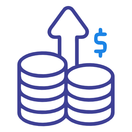 Blue outline icon showing two stacks of coins with an upward-pointing arrow and a dollar sign, representing financial growth or increasing wealth.