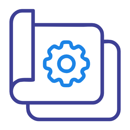 Blue outline icon of two documents or blueprints, with a gear symbol on the top one, indicating planning, development, or technical specifications.