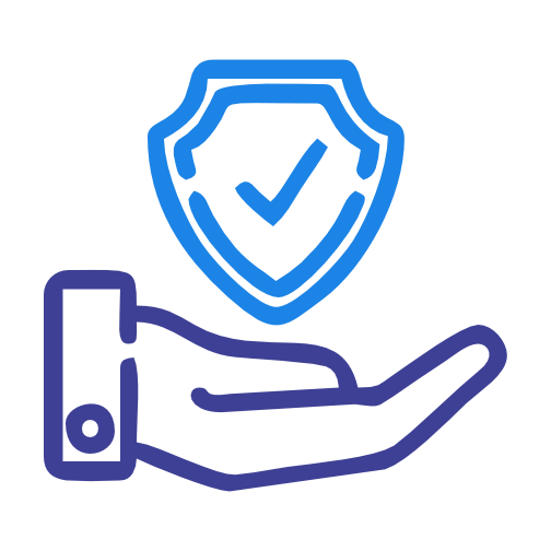 Blue outline icon of an open hand with a shield containing a checkmark floating above it, symbolizing protection, security, or guaranteed service.