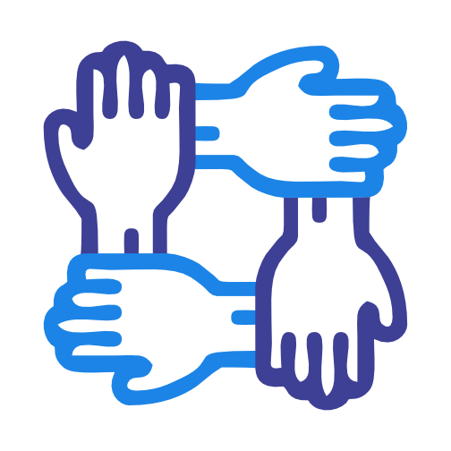 Blue outline icon depicting four hands interlocking in a circle, representing teamwork, unity, collaboration, or community.