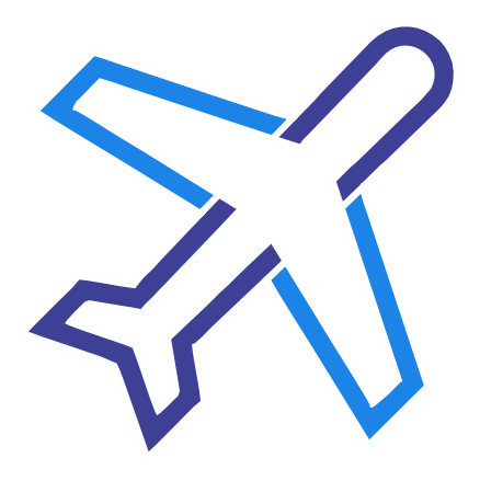 Blue outline icon of an airplane in flight, symbolizing air travel or aviation.