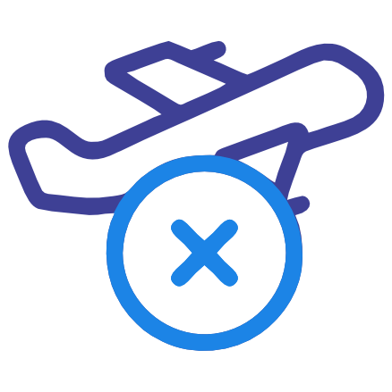 Blue outline icon of an airplane with a prominent "X" mark over it, indicating a canceled flight or prohibition of air travel.
