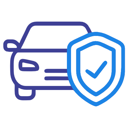 Icon of a car with a protective shield on its side, bearing a checkmark, symbolizing vehicle insurance or safety.