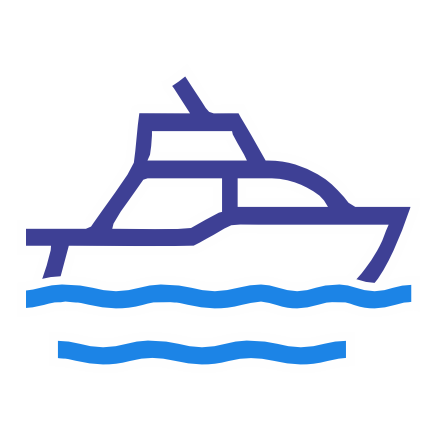 Blue outline icon of a yacht or large boat, symbolizing marine travel or leisure.