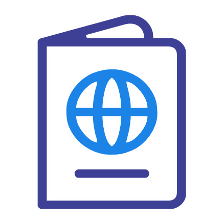 Blue outline icon of a passport booklet with a globe symbol on the cover, representing international travel or identity.