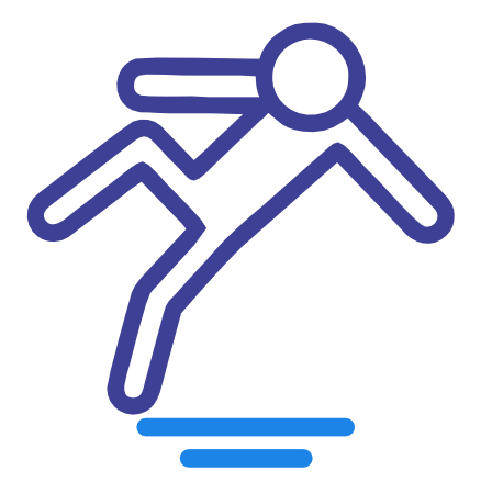 Blue outline icon of a person running with one leg raised, suggesting motion or activity.