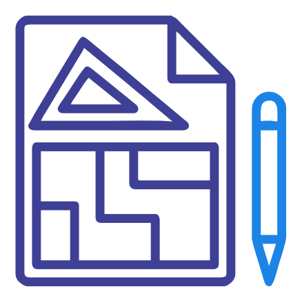 con of an architectural blueprint or floor plan document with a T-square and a pencil alongside it, symbolizing design or construction planning.
